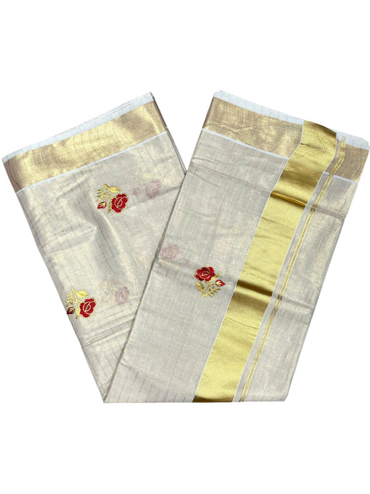 Southloom Kerala Tissue Kasavu Line Saree with Red Floral Embroidery on Body