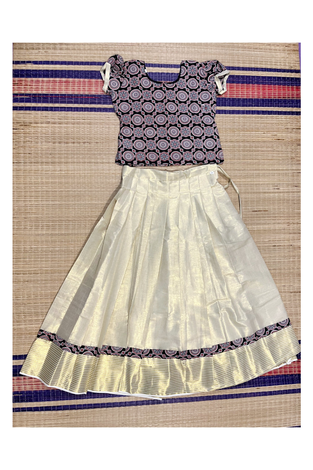 Southloom Kerala Black Ajrakh Top and Tissue Pavada with Kasavu Printed Border
