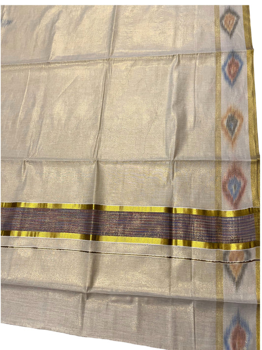 Southloom Kerala Tissue Kasavu Saree with Multi Colour Pochampally Design on Borders and Kara
