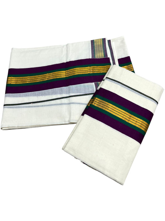 Southloom Kerala Cotton Kasavu Set Mundu (Mundum Neriyathum) with Purple and Green Border 2.80 Mtrs SLKK