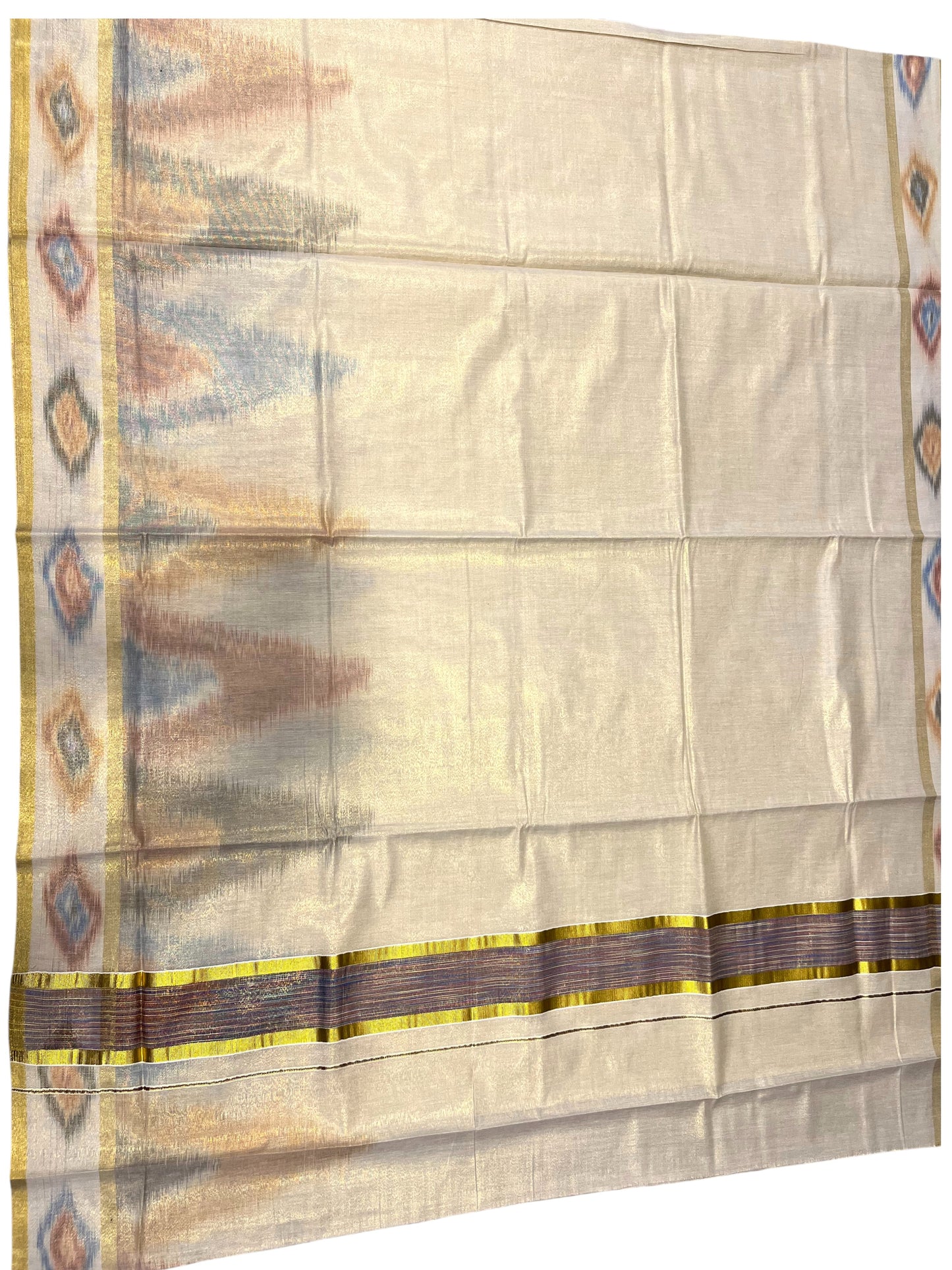 Southloom Kerala Tissue Kasavu Saree with Multi Colour Pochampally Design on Borders and Kara