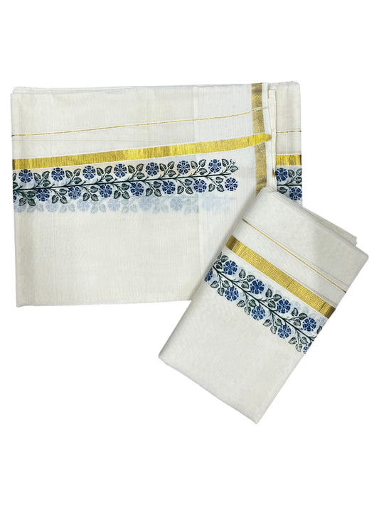 Southloom Pure Cotton Kerala Single Floral Print Set Mundu (Mundum Neriyathum) Blue and Green Border in 2.80 mtrs