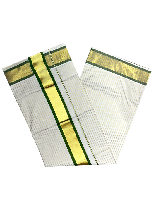 Southloom Pure Cotton Kerala Saree with Gold Kasavu Lines Across Body and Olive Green Border