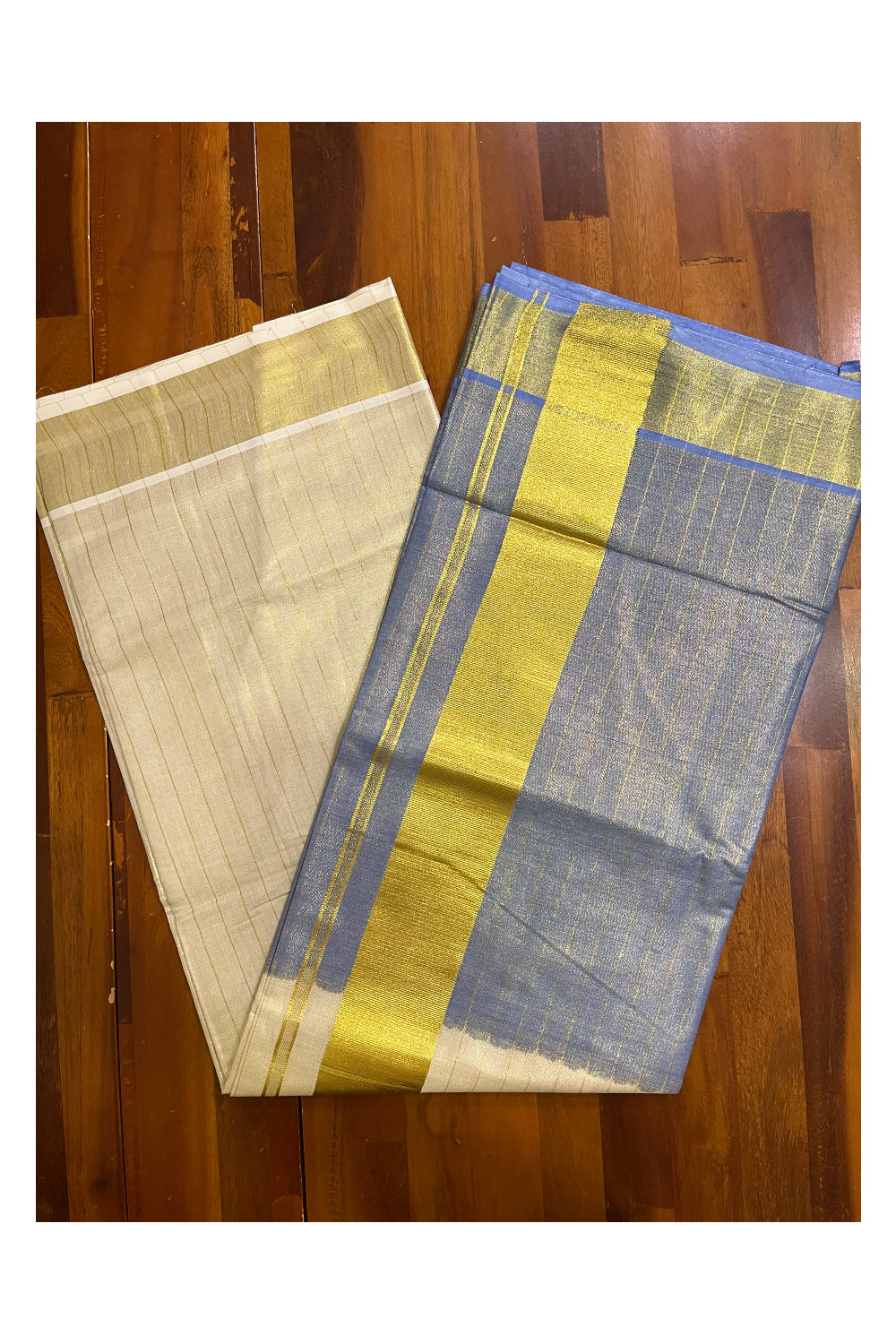 Southloom Tie & Dye - Half & Half Multi Colour Blue Design Saree with Kasavu Lines Across Body