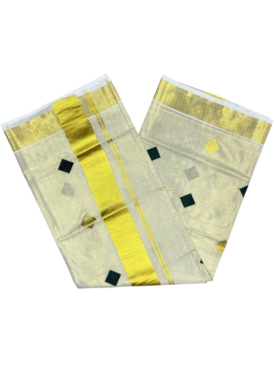 Southloom Kerala Tissue Kasavu Striped Saree with Diagonal Woven Designs in Green and Gold Body Work
