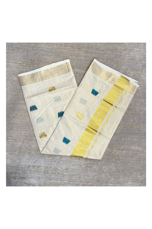 Southloom Kerala Tissue Kasavu Lines Saree with Peacock Green Lotus Embroidery Works