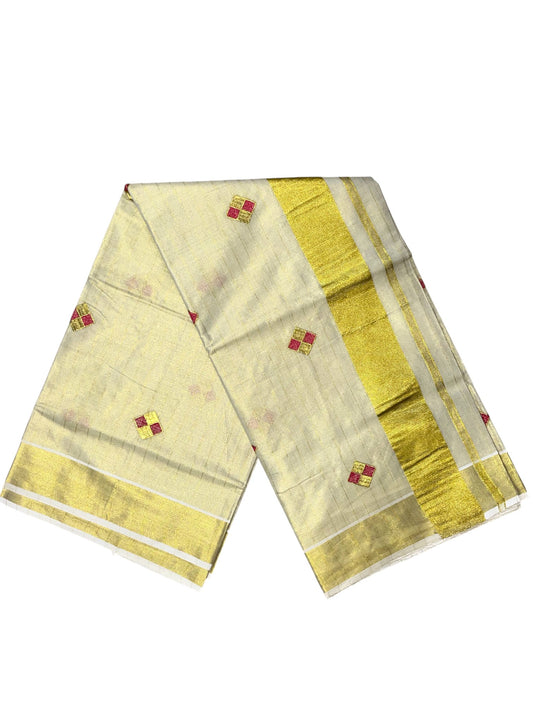 Kerala Tissue Kasavu Stripes Saree with Pink and Gold Embroidery Design on Body