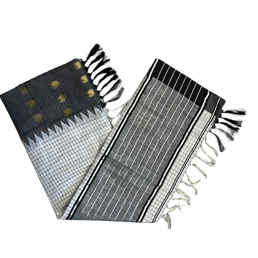Southloom Pure Cotton Black & Silver Kasavu Saree with Check Design & Temple Border with Woven Golden Work