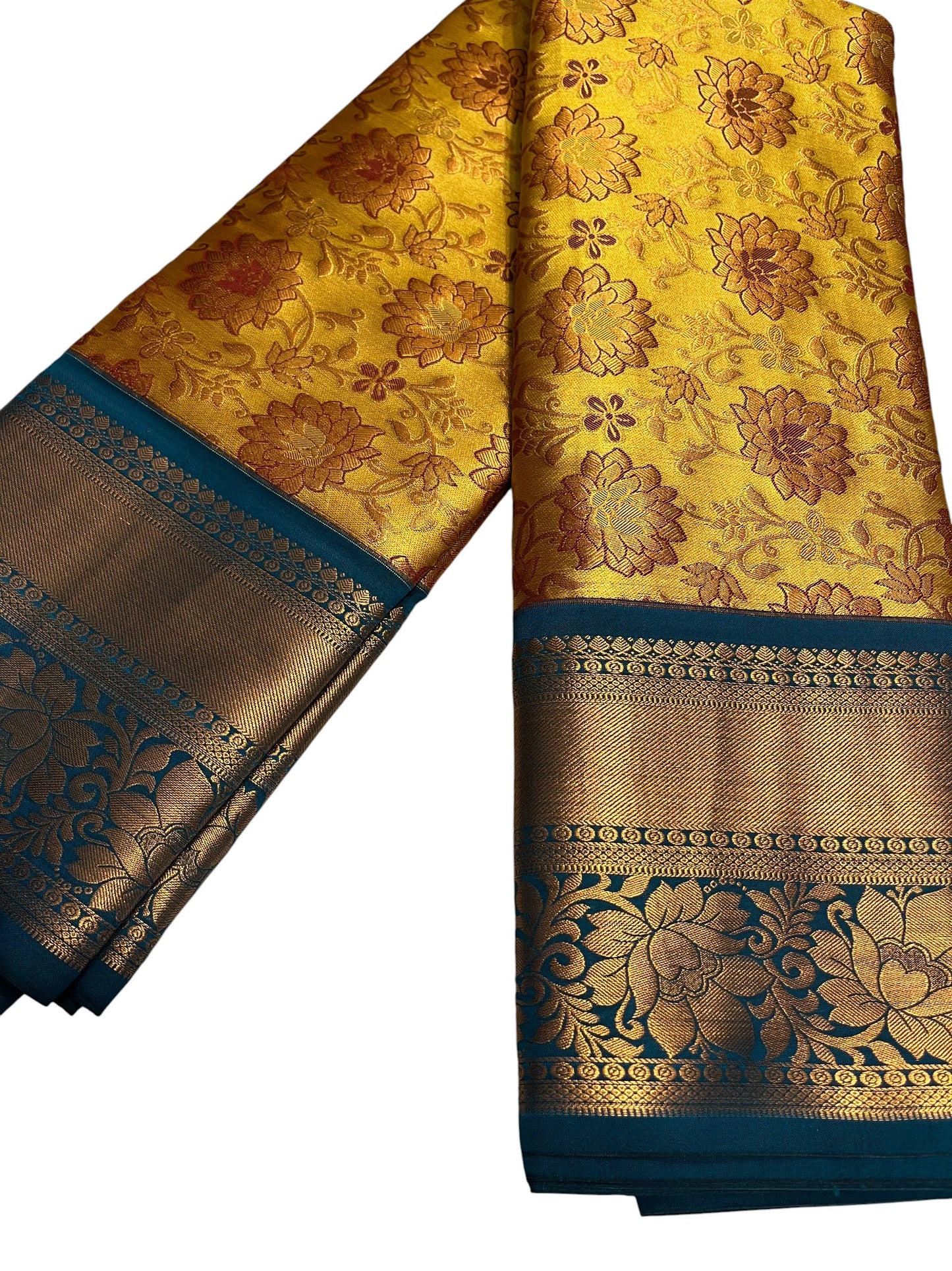 Southloom Banarasi Semi Silk Saree with Floral Zari Work Across Body (Yellow & Blue)