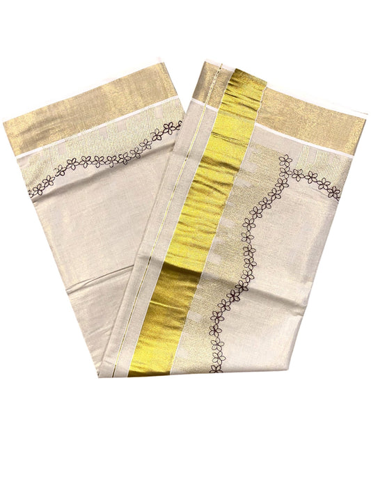Southloom Tissue Kerala Kasavu Saree with Brown Floral Embroidery Design