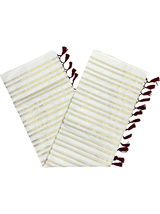 Southloom Cotton Kerala Kasavu Saree with Stripes on Body and Maroon Tussels