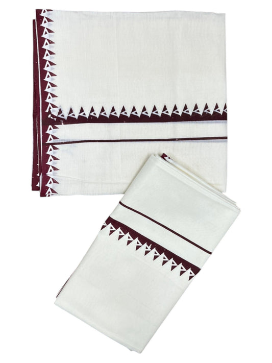 Kerala Cotton Set Mundu (Mundum Neriyathum) with Brown Block Prints on Body
