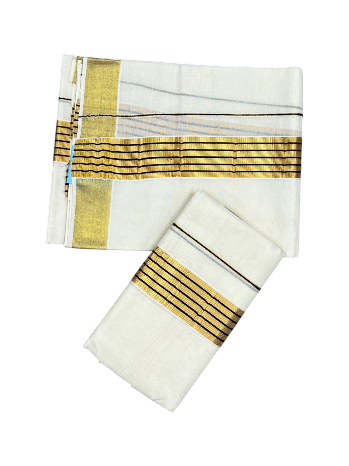 Southloom Pure Cotton Kerala Kasavu Set Mundu (Mundum Neriyathum) Kasavu & Green Border in 2.80 Mtrs