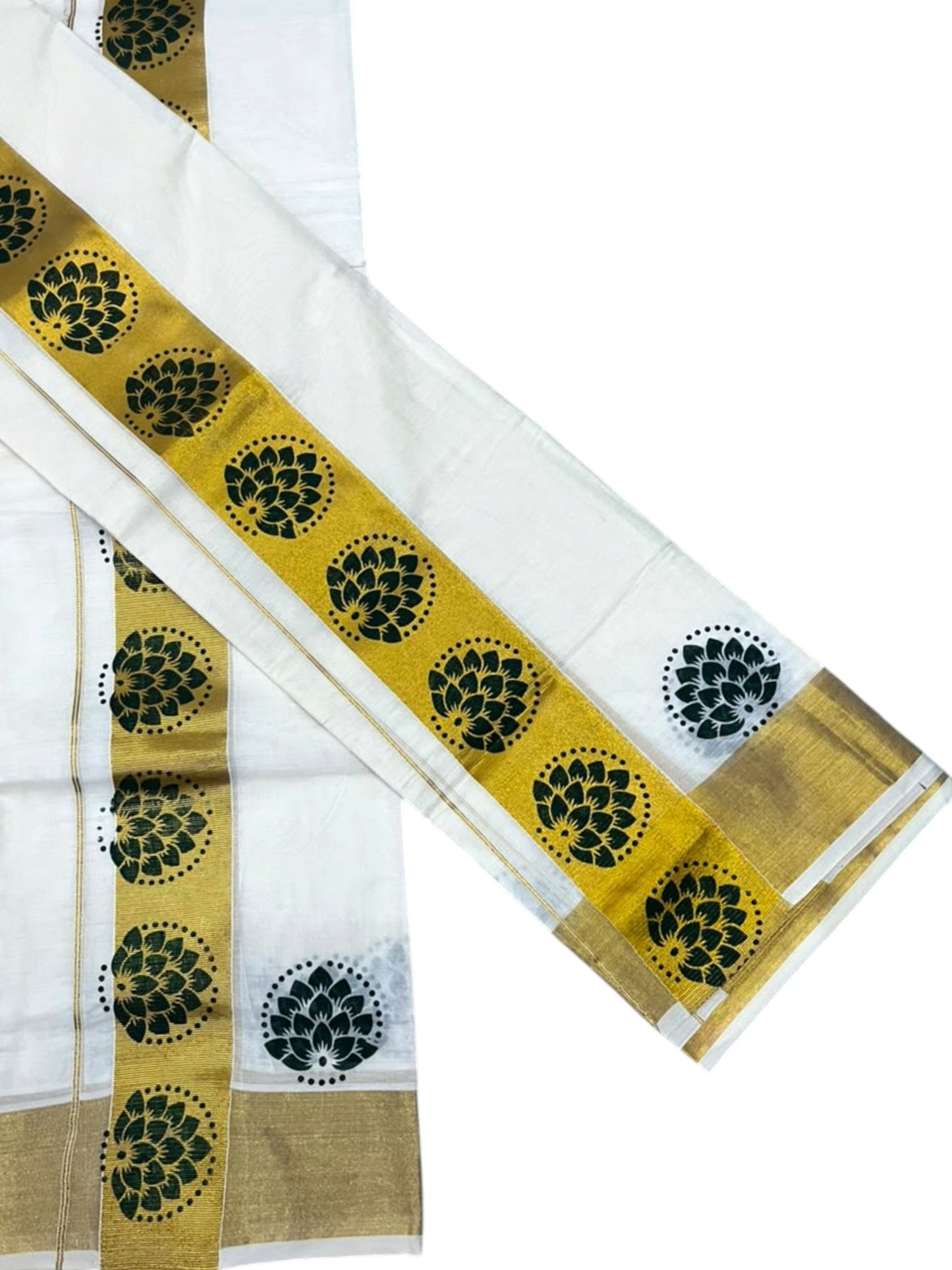 Southloom Pure Cotton Set Mundu with Gold Kasavu and Green Floral Digital Print in 2.80 Mtrs SL383