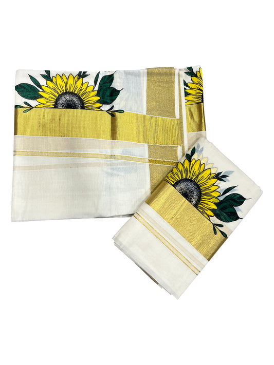Southloom Kerala Cotton Set Mundu (Mundum Neriyathum) with Floral Block Printed Design