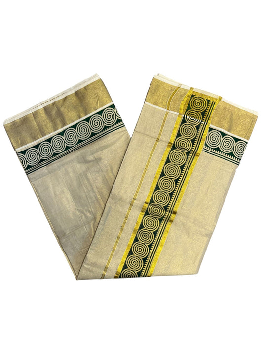 Southloom Kerala Tissue Kasavu Plain Saree Green Hand Printed SL350