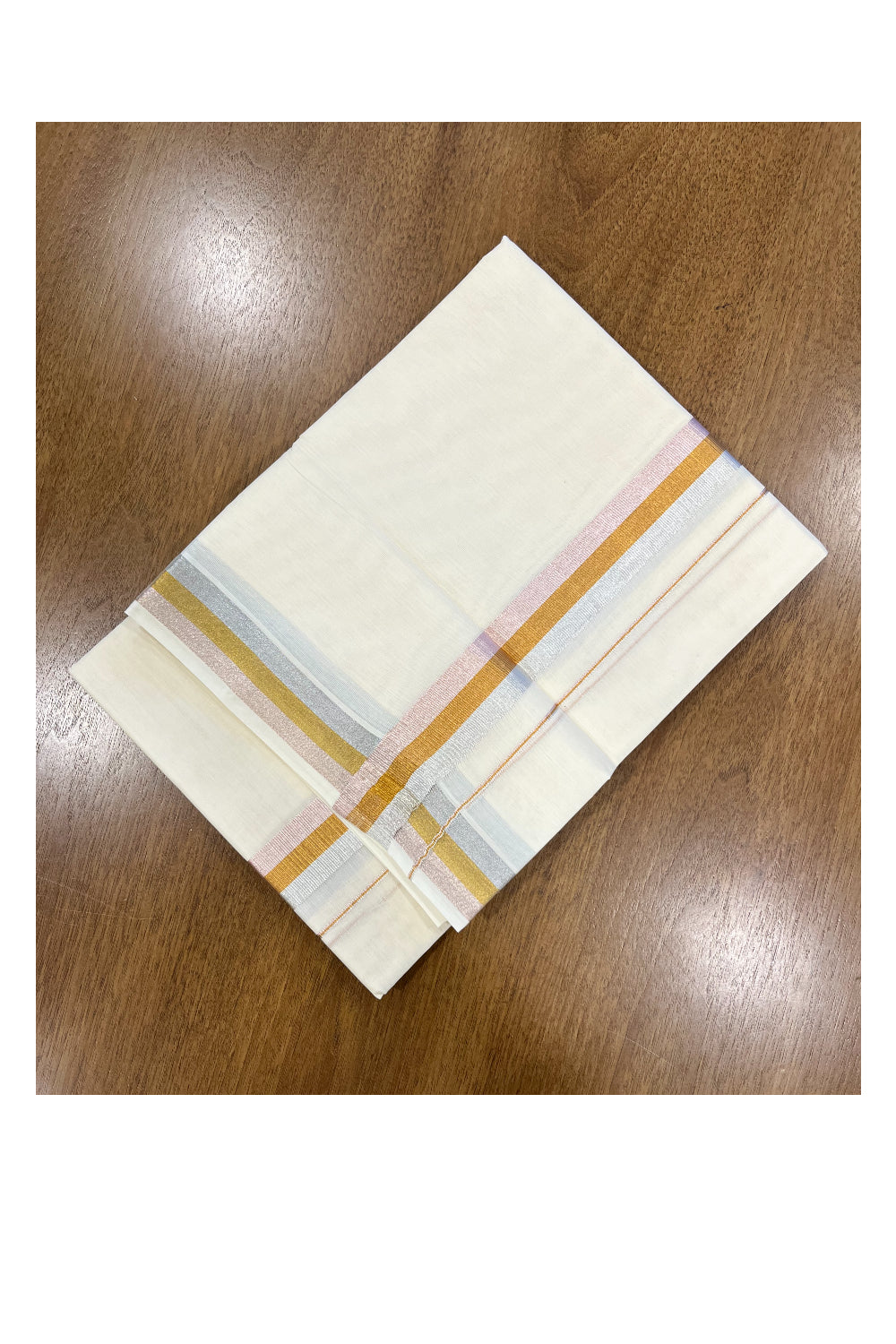 Off White Kerala Double Mundu with Rosegold and Silver Kasavu Kara (South Indian Kerala Dhoti)