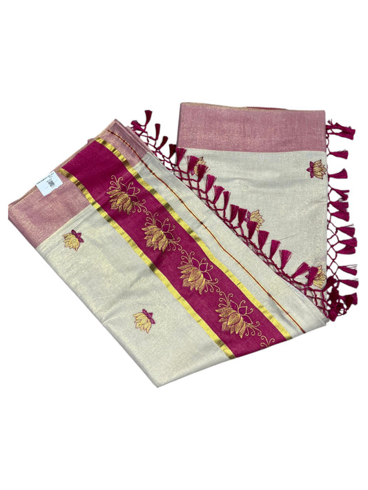 Southloom Kerala Tissue Kasavu Saree with Magenta And Golden Lotus Embroidary Works on Body SL273