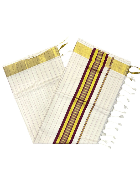 Southloom Kerala Cotton Kasavu Saree with Gold And Purple Lines on Body SL331
