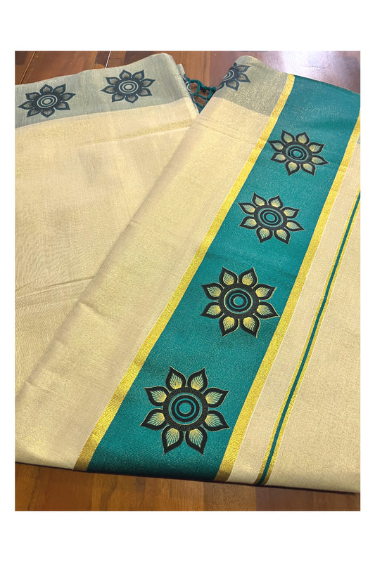 Kerala Tissue Kasavu Saree with Floral Block Prints in Green Border (Onam 2024 Collection)
