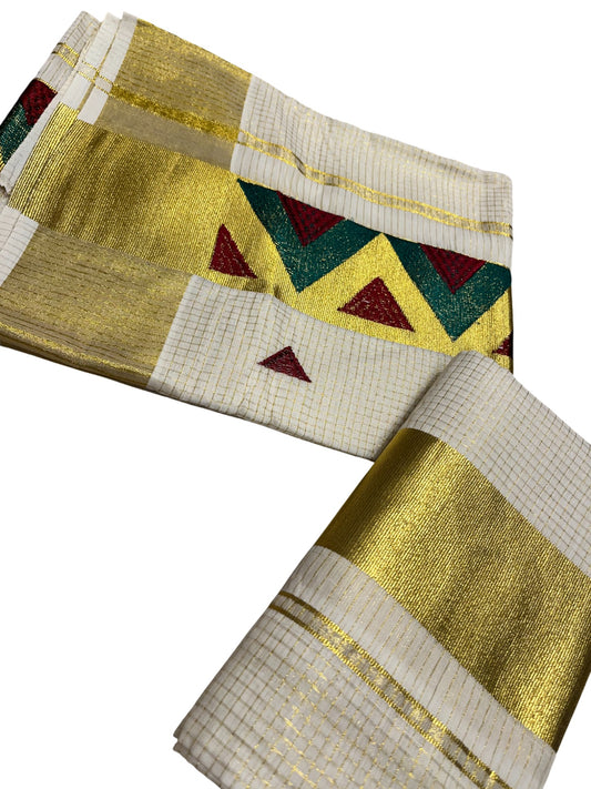 southloom Kerala TIssue Kasavu Mundum Neriyathum (Set Mundu) with Green Maroon Embroidery Designs in Kasavu Border