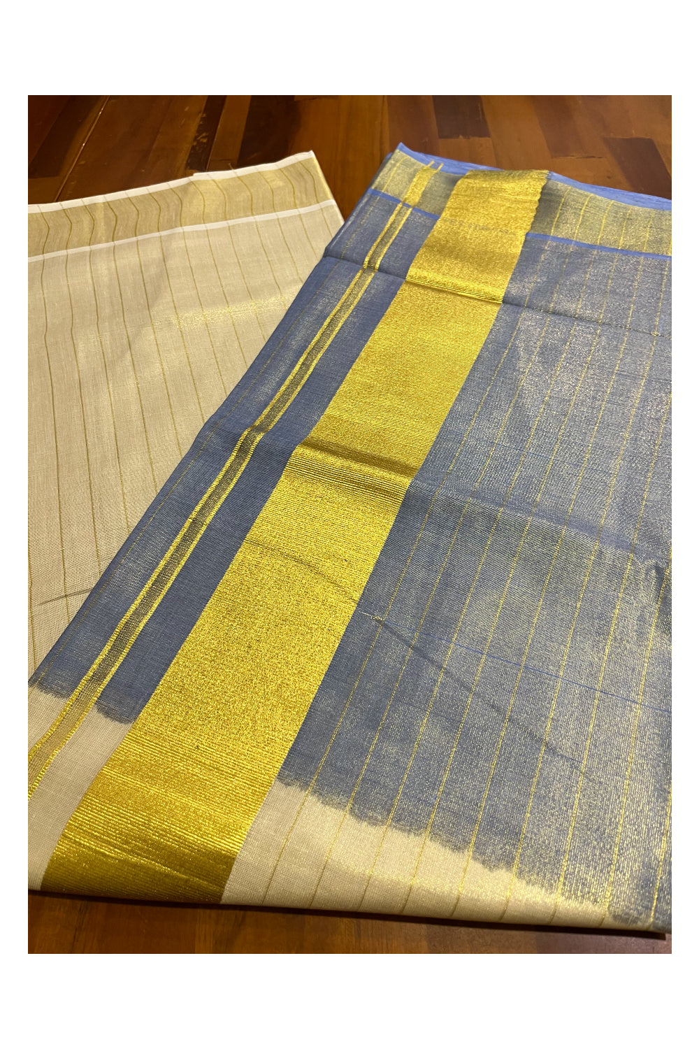 Southloom Tie & Dye - Half & Half Multi Colour Blue Design Saree with Kasavu Lines Across Body