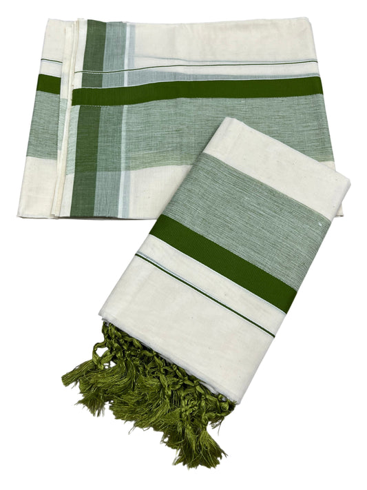 Southloom Kerala Cotton Mundum Neriyathum Single (Set Mundu) with Green Border 2.80 Mtrs