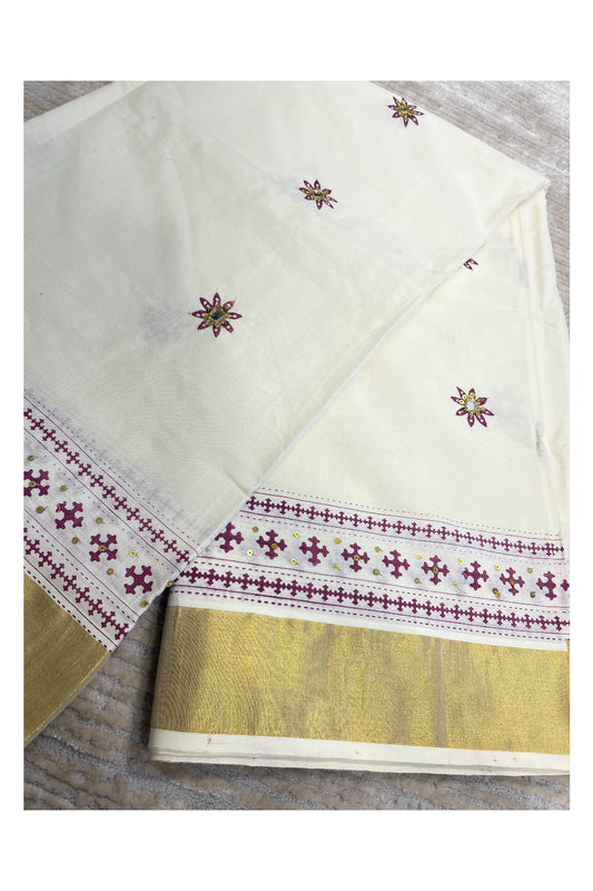 Southloom Purple Block Print Kasavu Saree with Sequins Work on Prints