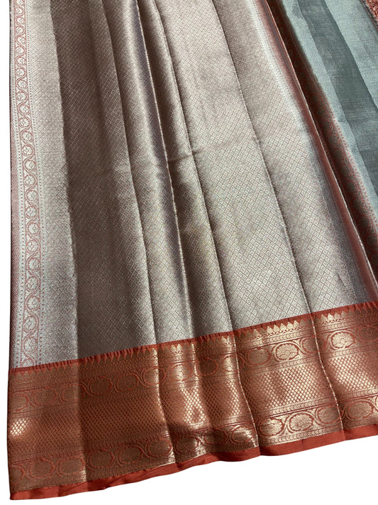 Southloom Semi Banarasi Katan Tissue Saree with Woven Work on Body and Borders (Grey & Peach)