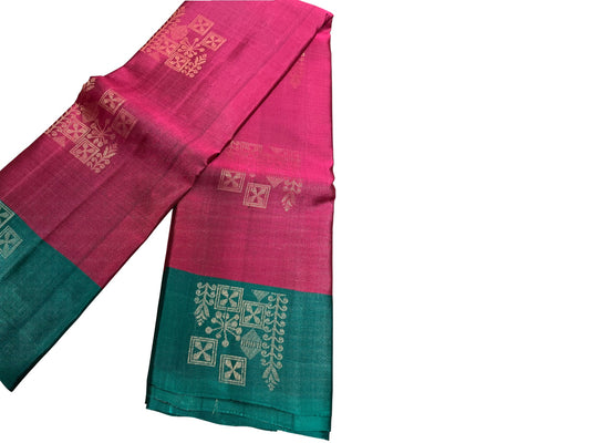 Southloom Pure Handloom Kanchipuram Silk Saree with Butta Work (Magenta & Green)