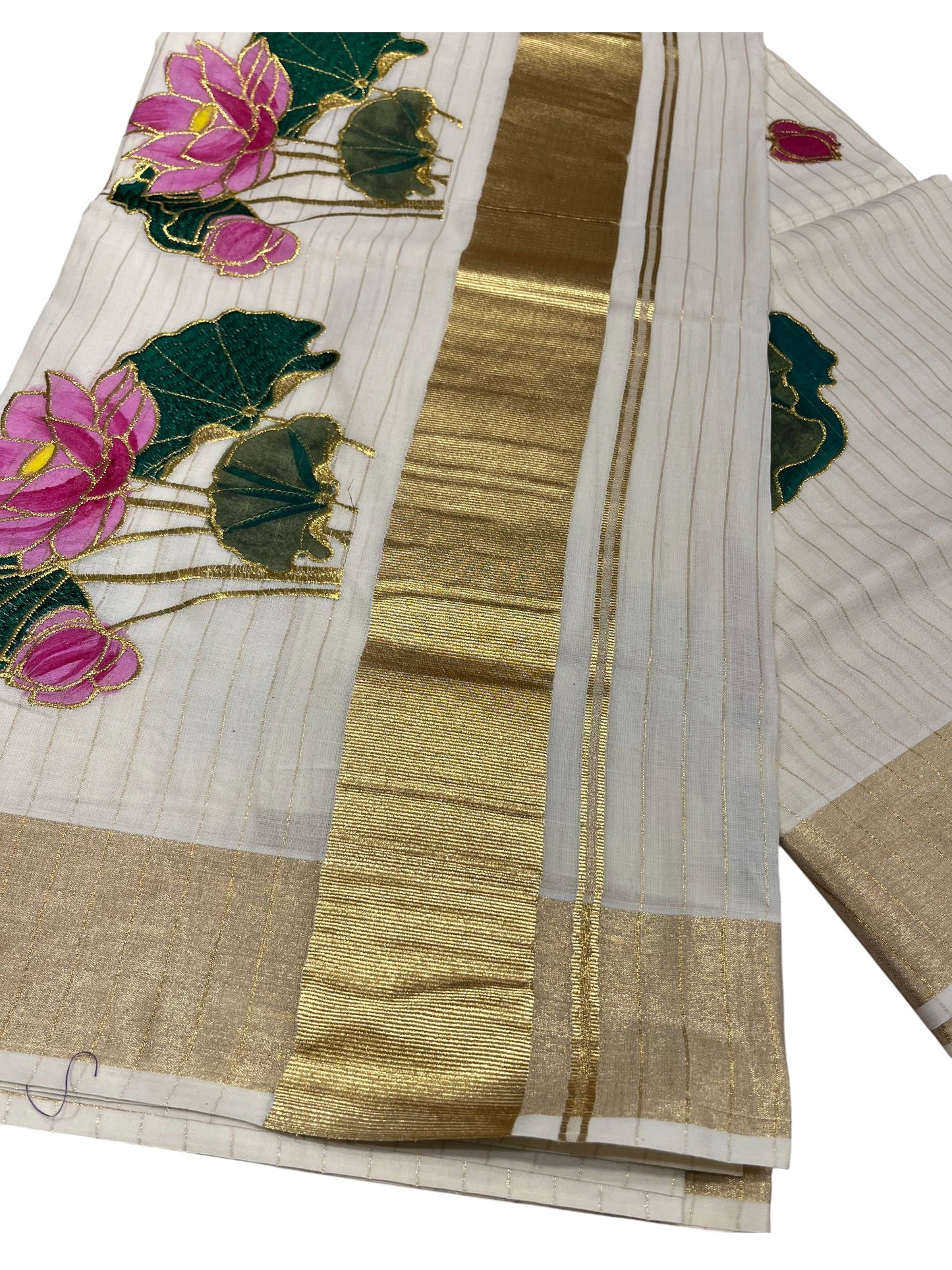 Southloom Cotton Kerala Kasavu Saree with Hand Painted Embroidery Lotus Design
