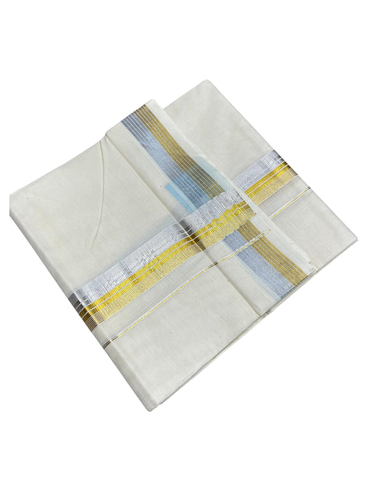 Southloom Kerala Pure Cotton Double Mundu with Gold&Silver Kasavu and Border (South Indian Dhoti)