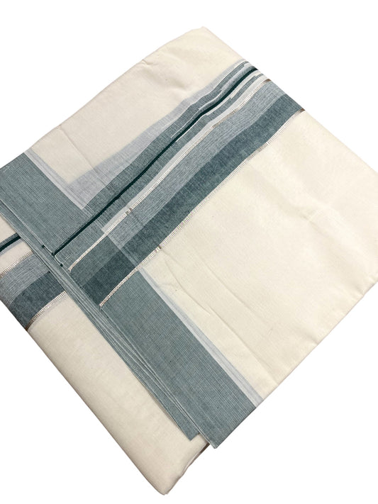 Southloom Kerala Pure Cotton Double Mundu with Silver Lines & Green Border (South Indian Dhoti)