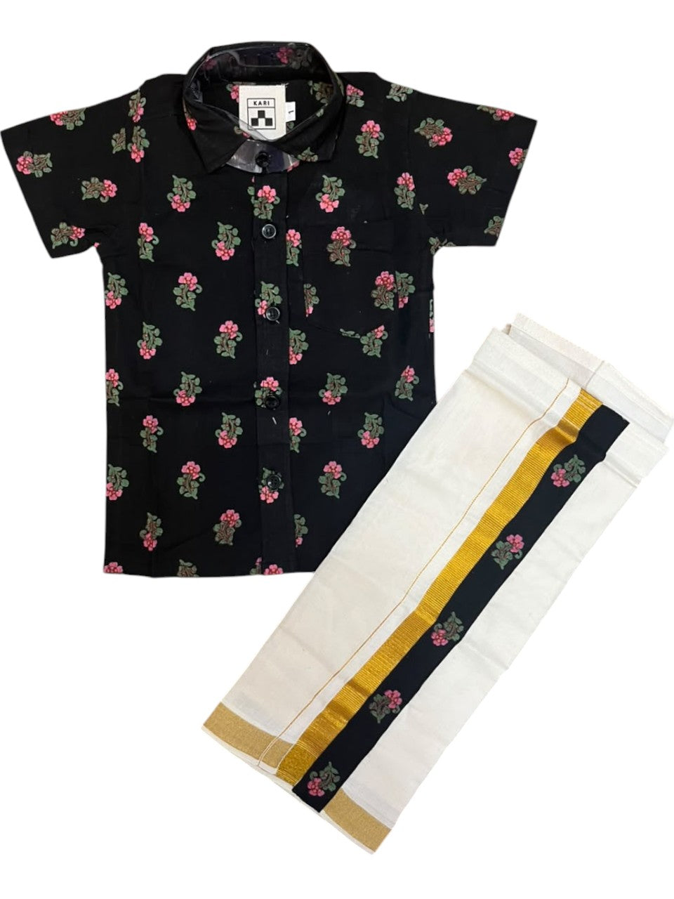 Southloom Cotton Floral Printed Kids's Combo (Shirt + Velcro Mundu) SLKCOMBO