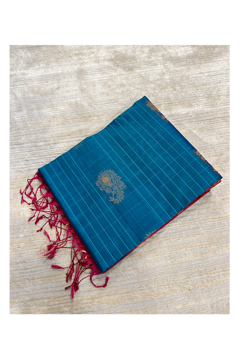 Southloom Pure Handloom Cotton Silk Saree With Handwoven Work Across Body and Blouse in Magenta And Blue