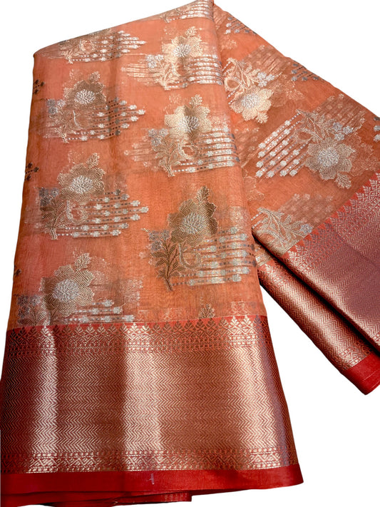 Southloom Tissue Banarasi Silk Saree with Woven Work on Body and Borders (Peach)