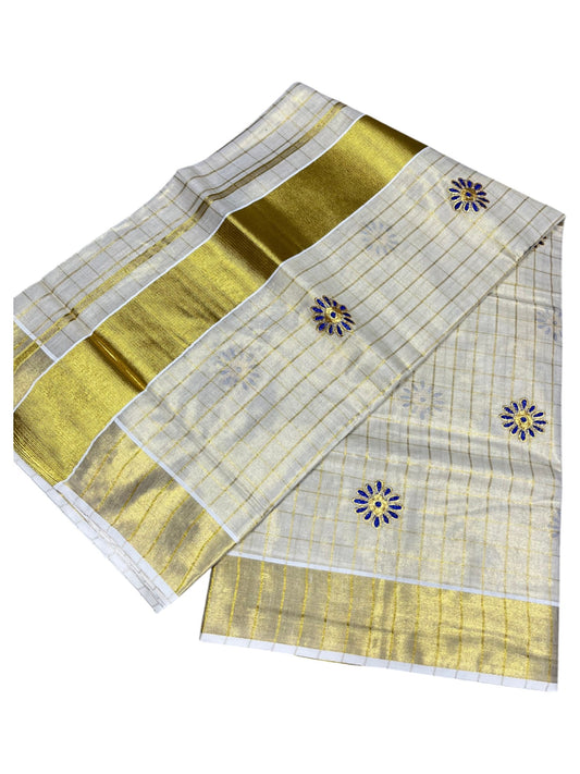 Southloom Tissue Kerala Kasavu Check Saree with Floral Embroidery Design in Blue