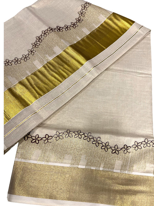 Southloom Tissue Kerala Kasavu Saree with Floral Embroidery Design