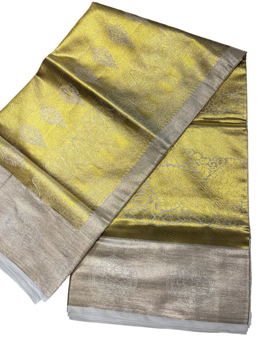 Southloom Tissue Kasavu Replica Saree with Heavy Golden Works Across Body and Kasavu Border