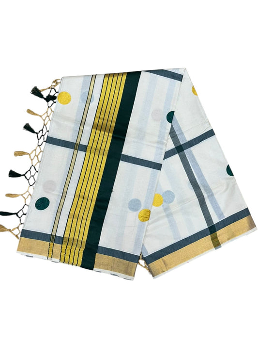 Southloom Kerala Cotton Kasavu Saree with Green & Gold Polka Works on BodySL581
