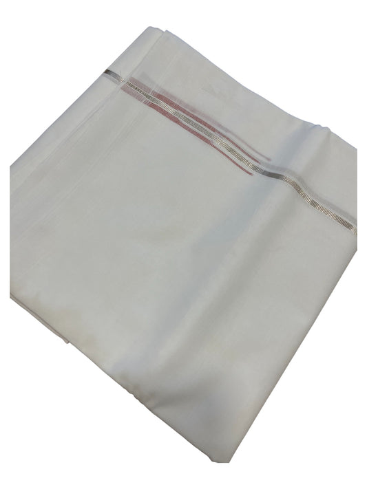 Pure White Cotton Double Mundu with Silver and Maroon Chutti Kara (South Indian Dhoti)