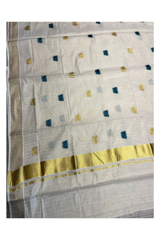 Southloom Kerala Tissue Kasavu Lines Saree with Peacock Green Lotus Embroidery Works