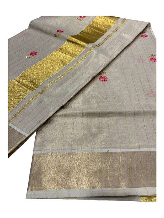 Southloom Kerala Tissue Kasavu Saree with Pink Floral Embroidery on Body