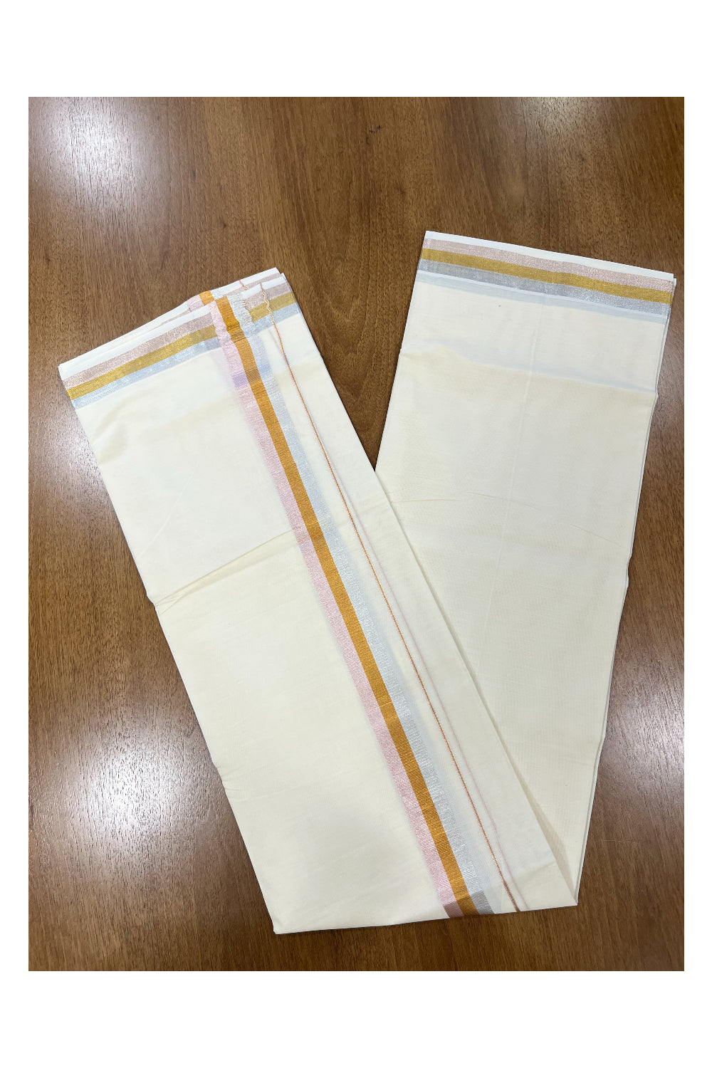 Off White Kerala Double Mundu with Rosegold and Silver Kasavu Kara (South Indian Kerala Dhoti)