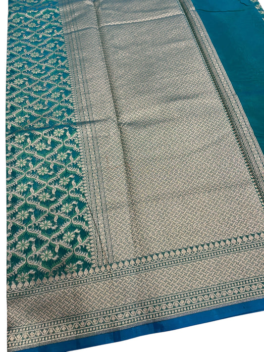 Southloom Cotton Banarasi Silk Saree with Woven Work on Body and Borders (Blue & Green)
