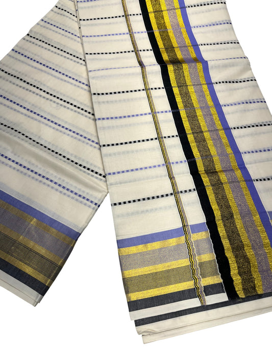 Southloom Cotton Kasavu Saree with Lavendar and Black Thread Work Across Body