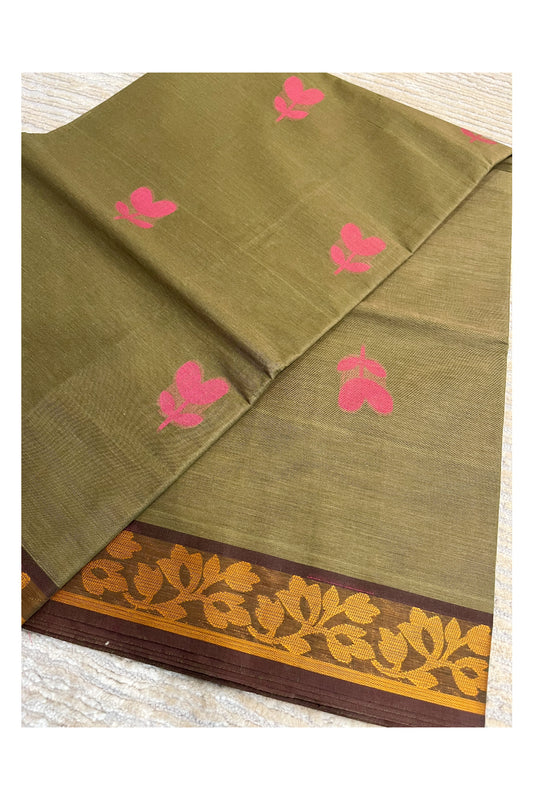Southloom Kerala Cotton Saree with Floral Woven Works Across Body in Green