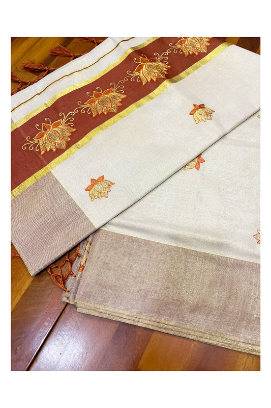 Southloom Kerala Tissue Kasavu Saree with Brown And Golden Lotus Embroidary Designs on Body