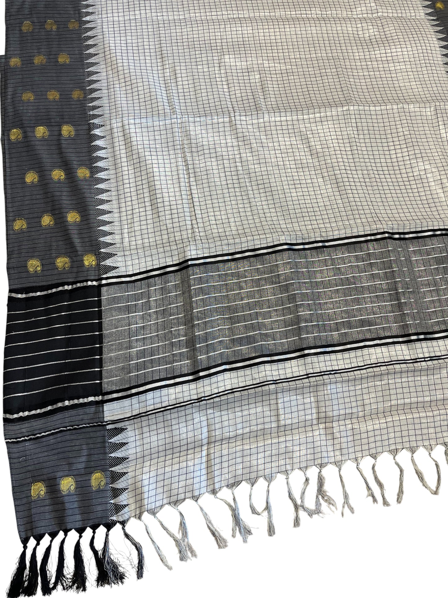 Southloom Pure Cotton Black & Silver Kasavu Saree with Check Design & Temple Border with Woven Golden Work