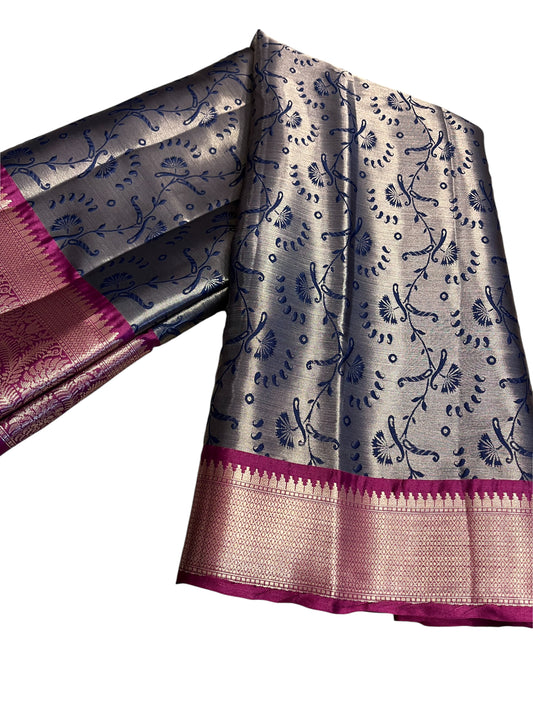 Southloom Tissue Silk Saree with Woven Work on Body and Borders (Blue & Magenta)